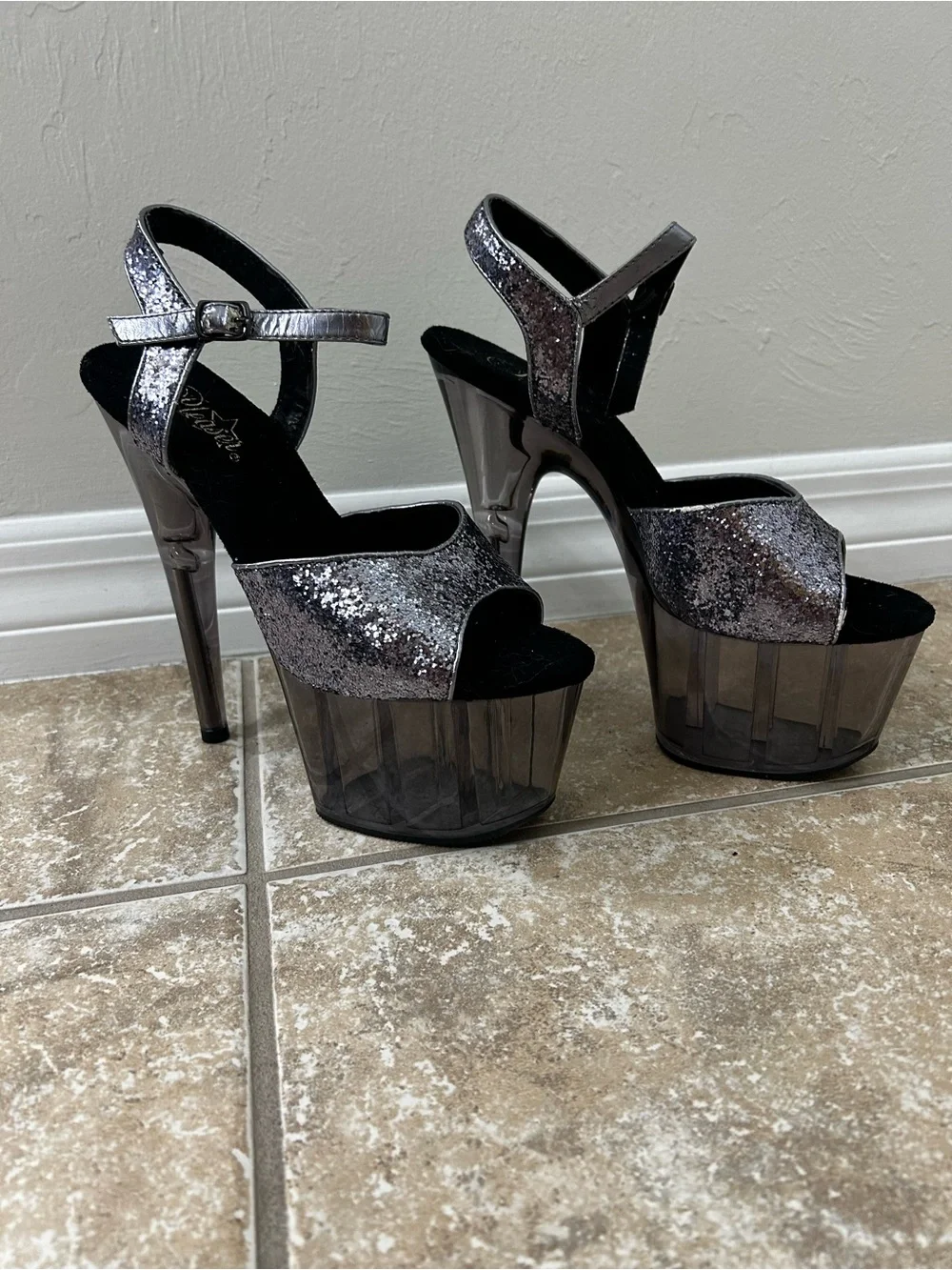 Silver Glitter Platform High Heel Sandals - Women's Pleaser Adore